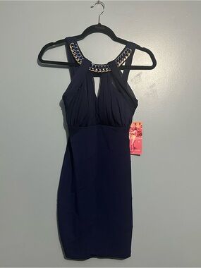 Emerald Sundae - Navy Chain-Accent Halter Cocktail Dress - Small